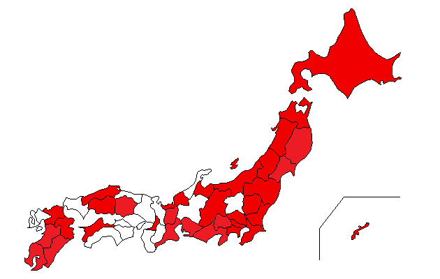 Prefectures with the detection of NoV GII/4 2012 variant are shown in red color.